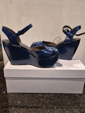 Marni Navy Patent Platform Wedge Sandals with Ankle Strap